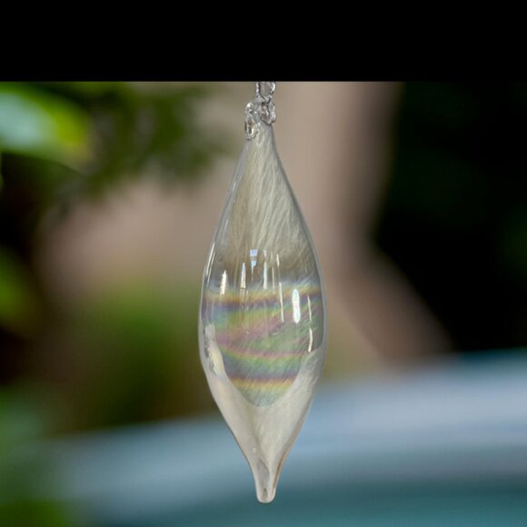 Large Vintage Blown Clear Iridescent Glass Ornament with Feather 9" Tall - Picture 2 of 8